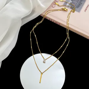 Women Fashion Elegant Rhinestone Double Layer Titanium Steel Necklace