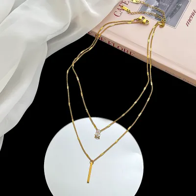Women Fashion Elegant Rhinestone Double Layer Titanium Steel Necklace
