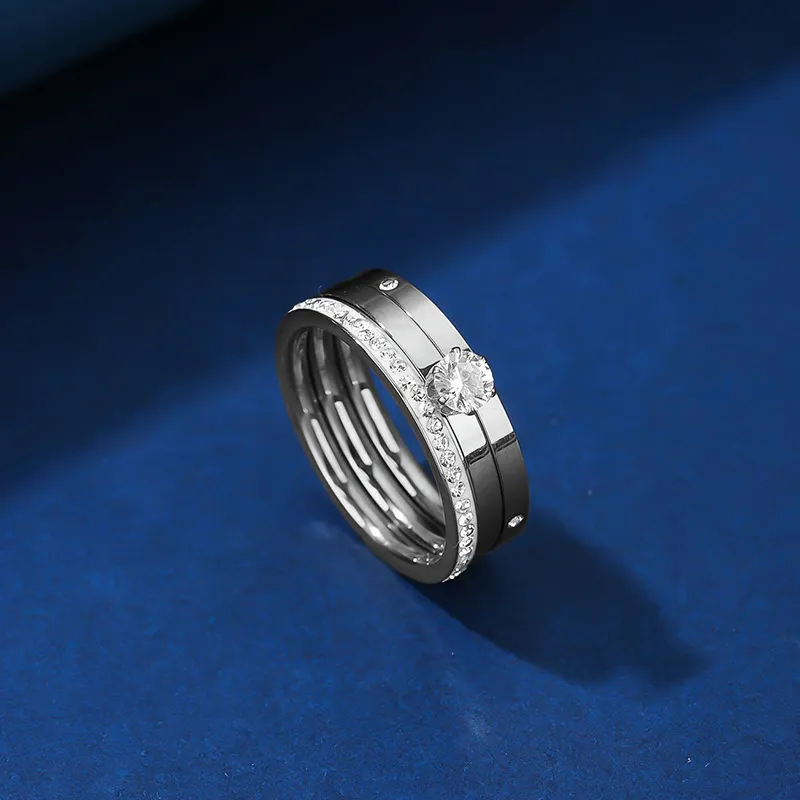 Women Fashion Stainless Steel Rhinestone Ring Three-Piece Geometric Set