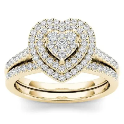 Women Fashion Heart Rhinestone Ring Two-Piece Set Geometric Alloy