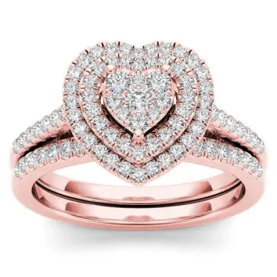 Women Fashion Heart Rhinestone Ring Two-Piece Set Geometric Alloy