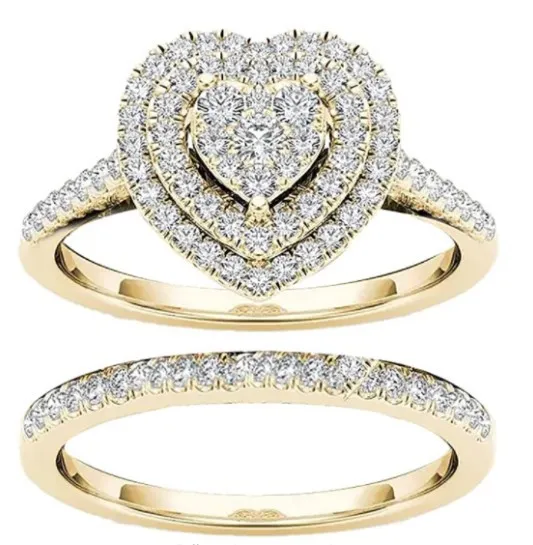 Women Fashion Heart Rhinestone Ring Two-Piece Set Geometric Alloy