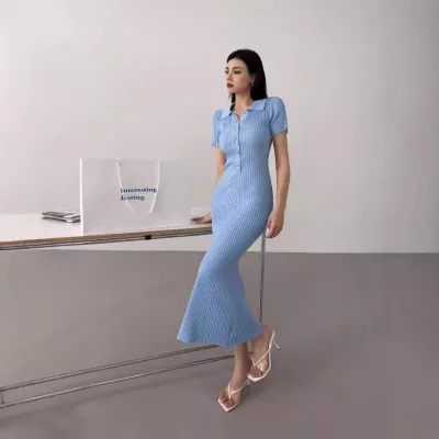 Women Elegant Slim-Fit Tight Lapel Short-Sleeved Knitted Maxi Dress
