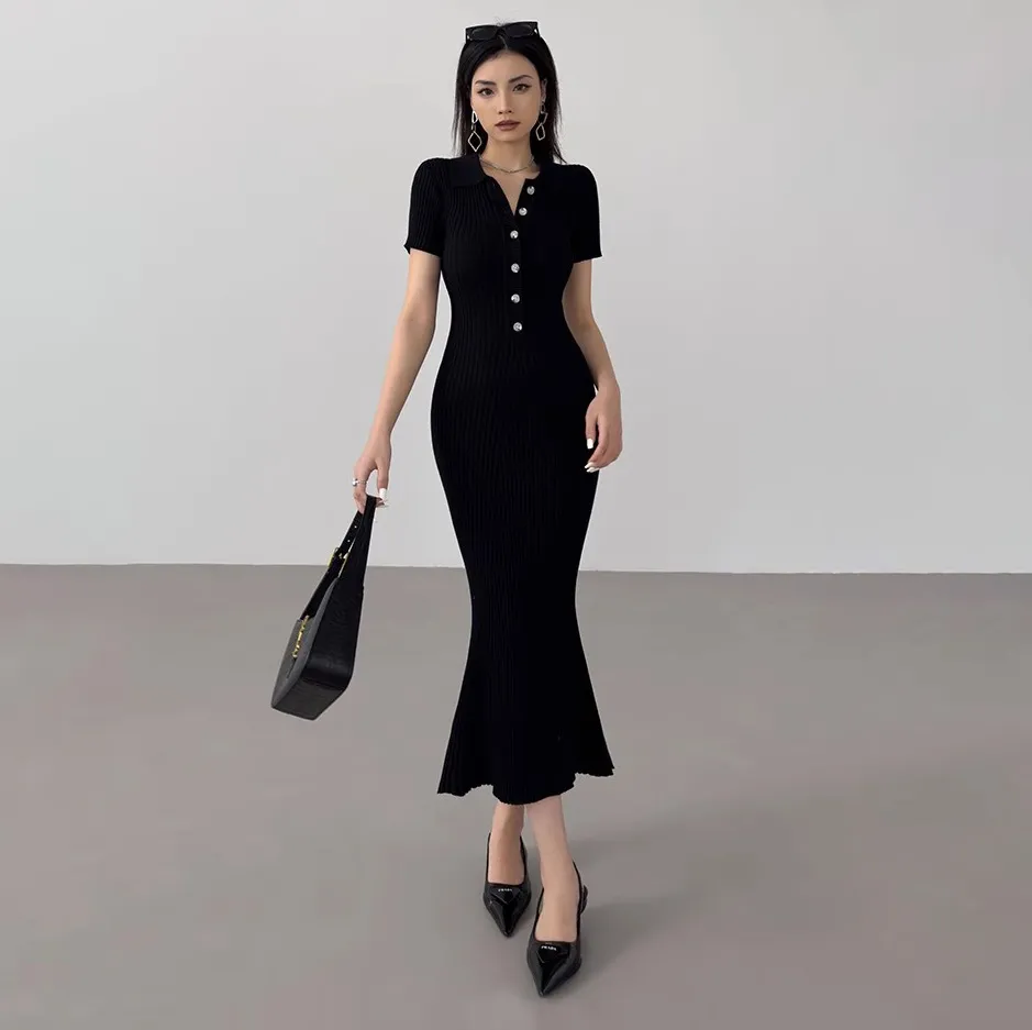 Women Elegant Slim-Fit Tight Lapel Short-Sleeved Knitted Maxi Dress