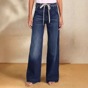 Women Casual Lace-Up High-Waist Wide-Leg Jeans
