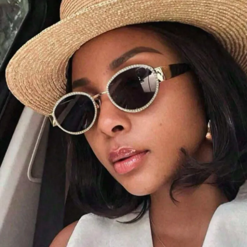 Women Fashion Rhinestone Metal Oval Sunglasses