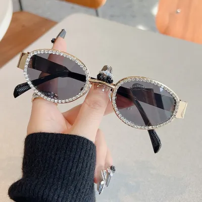 Women Fashion Metal Oval Rhinestone Sunglasses