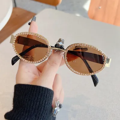 Women Fashion Metal Oval Rhinestone Sunglasses