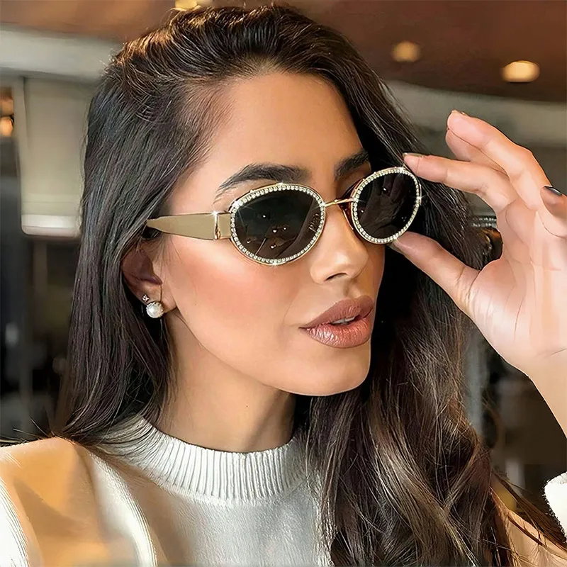 Women Fashion Metal Oval Rhinestone Sunglasses