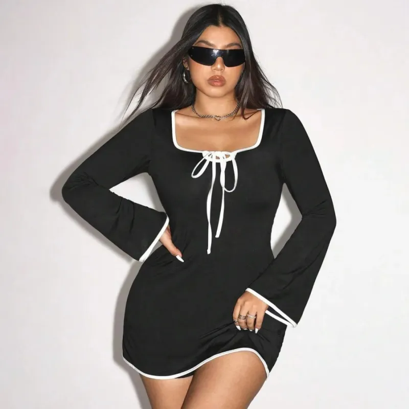 Women Fashion Sexy Plus Size Loose Long-Sleeve A-Line Dress