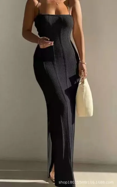 Women Fashion Sexy Solid Color Backless Lace-Up Long Knitted Dress