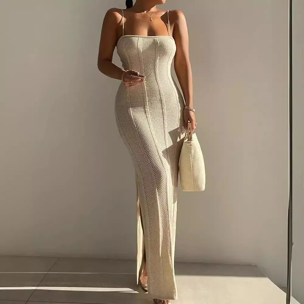 Women Fashion Sexy Solid Color Backless Lace-Up Long Knitted Dress