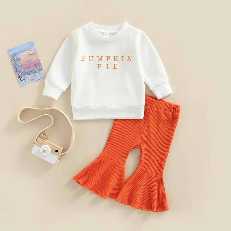 Baby Girls Cute Alphabet Print Long Sleeve Cotton Sweatshirt and Flare Pants Set