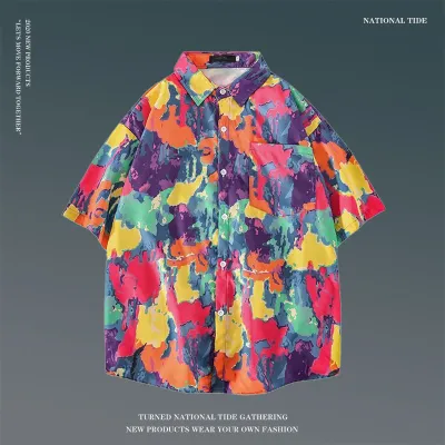 Men Casual Holiday Hawaiian Style Tiny Flower Short Sleeve Lapel Pullover Shirt