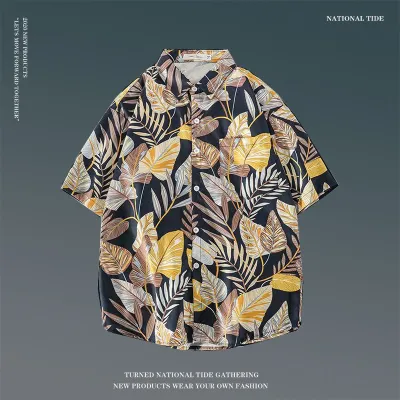 Men Casual Holiday Hawaiian Style Tiny Flower Short Sleeve Lapel Pullover Shirt