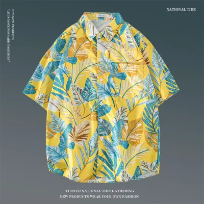 Men Casual Holiday Hawaiian Style Tiny Flower Short Sleeve Lapel Pullover Shirt