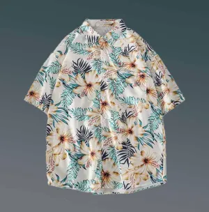 Men Casual Holiday Hawaiian Style Tiny Flower Short Sleeve Lapel Pullover Shirt