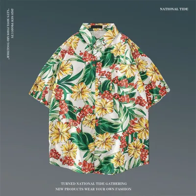 Men Casual Holiday Hawaiian Style Tiny Flower Short Sleeve Lapel Pullover Shirt