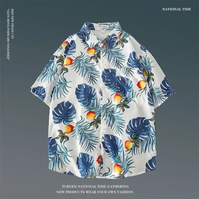 Men Casual Holiday Hawaiian Style Tiny Flower Short Sleeve Lapel Pullover Shirt
