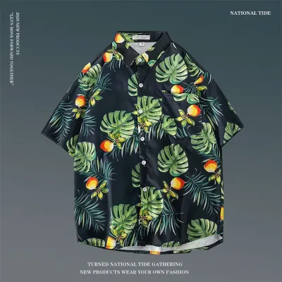 Men Casual Holiday Hawaiian Style Tiny Flower Short Sleeve Lapel Pullover Shirt