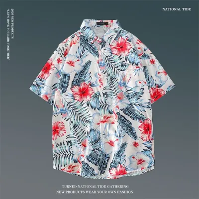 Men Casual Holiday Hawaiian Style Tiny Flower Short Sleeve Lapel Pullover Shirt