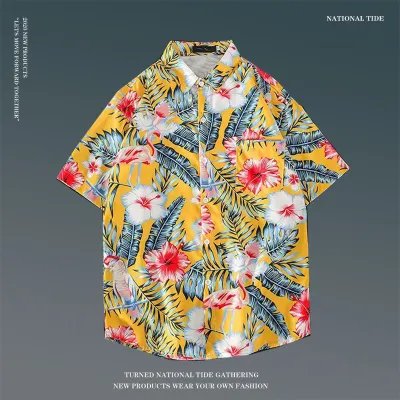 Men Casual Holiday Hawaiian Style Tiny Flower Short Sleeve Lapel Pullover Shirt