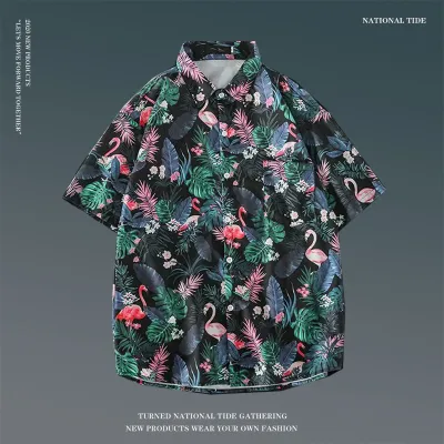 Men Casual Holiday Hawaiian Style Tiny Flower Short Sleeve Lapel Pullover Shirt