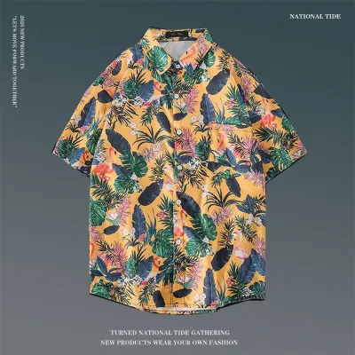Men Casual Holiday Hawaiian Style Tiny Flower Short Sleeve Lapel Pullover Shirt