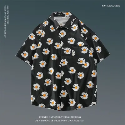 Men Casual Holiday Hawaiian Style Tiny Flower Short Sleeve Lapel Pullover Shirt