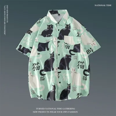 Men Casual Holiday Hawaiian Style Tiny Flower Short Sleeve Lapel Pullover Shirt