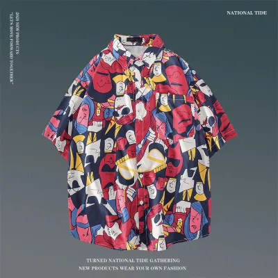 Men Casual Holiday Hawaiian Style Tiny Flower Short Sleeve Lapel Pullover Shirt