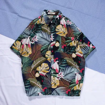 Men Casual Holiday Hawaiian Style Tiny Flower Short Sleeve Lapel Shirt