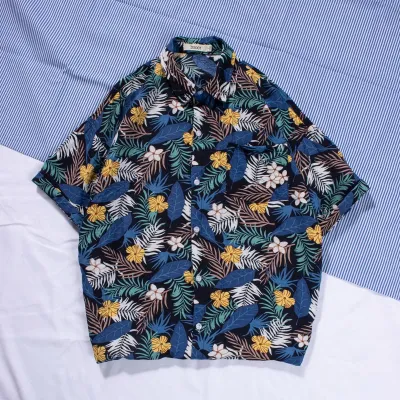 Men Casual Holiday Hawaiian Style Tiny Flower Short Sleeve Lapel Shirt
