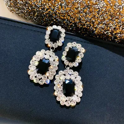 Women Fashion Square Exaggerated Rhinestone Earrings Japan And South Korea Fresh Sweet