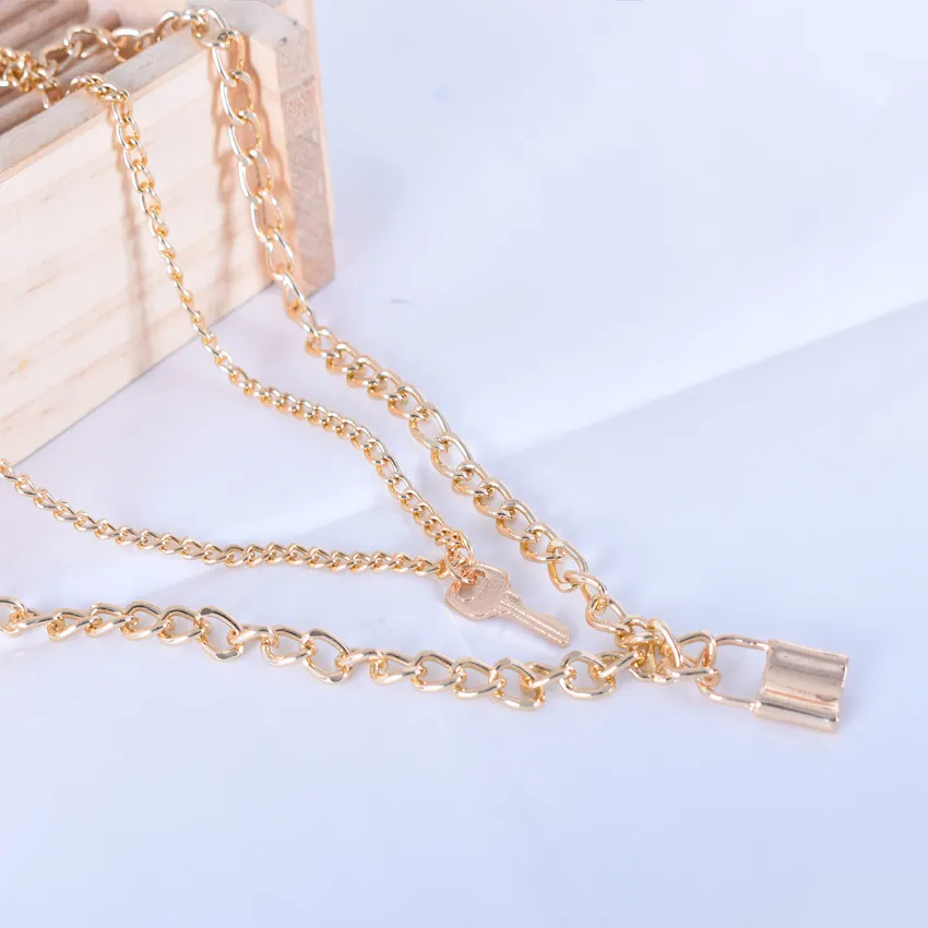 Women Fashion Simple Retro Multi-Layer Key Lock Pendant Necklace
