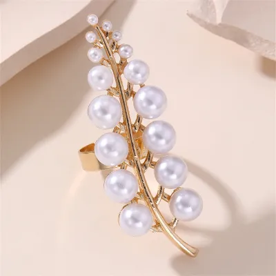 Women Fashion Exaggerated Metal Pearl Geometric Resin Ring