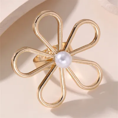 Women Fashion Exaggerated Metal Pearl Geometric Resin Ring