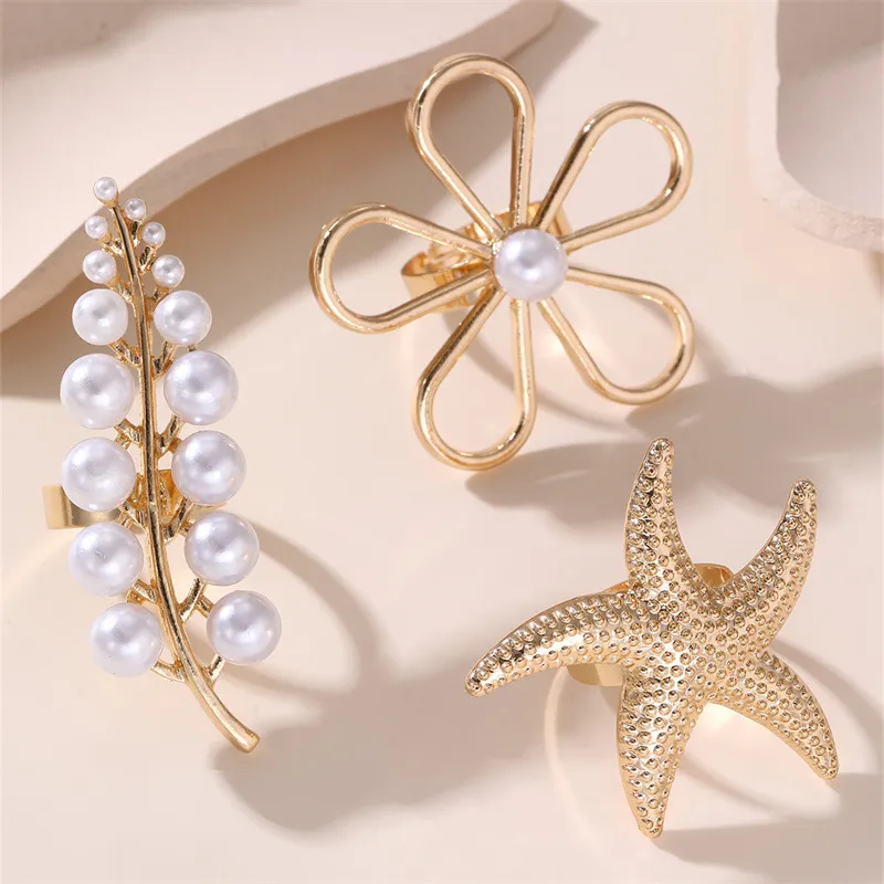 Women Fashion Exaggerated Metal Pearl Geometric Resin Ring