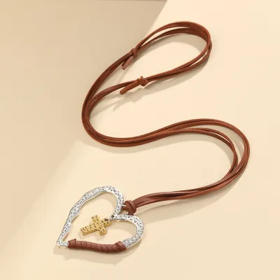 Women Fashion Retro Alloy Heart Cross Sweater Chain Necklace