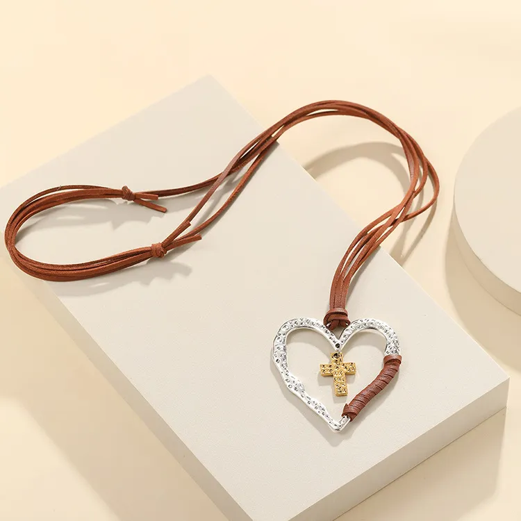 Women Fashion Retro Alloy Heart Cross Sweater Chain Necklace