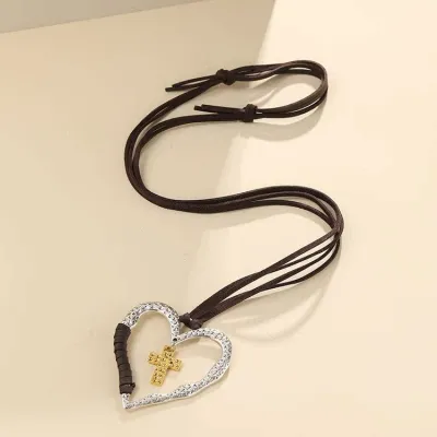 Women Fashion Retro Alloy Heart Cross Sweater Chain Necklace