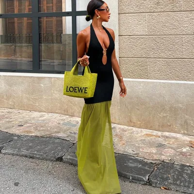 Women Sexy Deep V-Neck Backless Lace-Up Maxi Dress