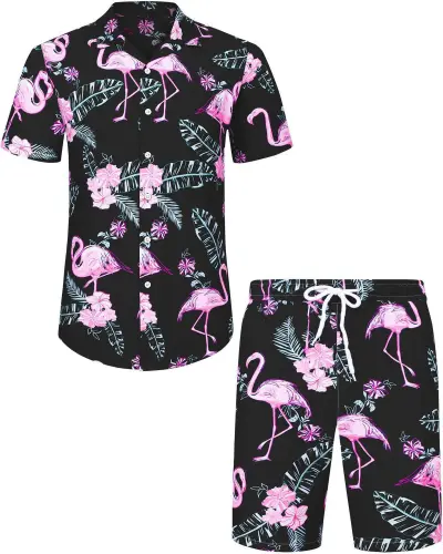 Men Leisure Holiday Floral Flamingo Print Plus Size Short Sleeve Lapel Shirt Shorts Sets