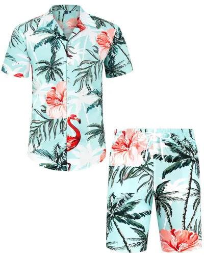 Men Leisure Holiday Floral Flamingo Print Plus Size Short Sleeve Lapel Shirt Shorts Sets