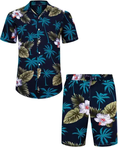 Men Leisure Holiday Floral Flamingo Print Plus Size Short Sleeve Lapel Shirt Shorts Sets