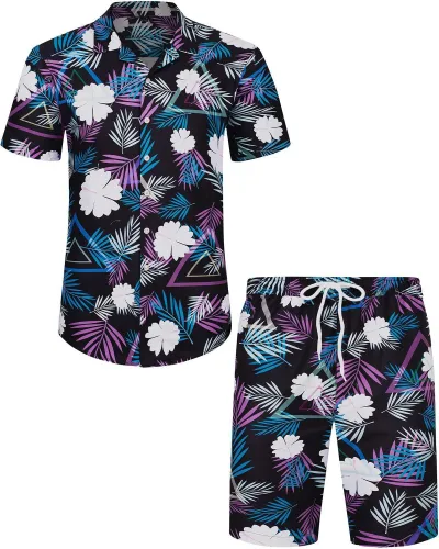 Men Leisure Holiday Floral Flamingo Print Plus Size Short Sleeve Lapel Shirt Shorts Sets