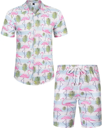 Men Leisure Holiday Floral Flamingo Print Plus Size Short Sleeve Lapel Shirt Shorts Sets