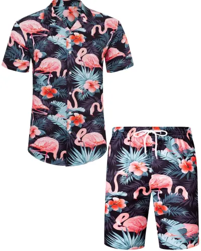 Men Leisure Holiday Floral Flamingo Print Plus Size Short Sleeve Lapel Shirt Shorts Sets