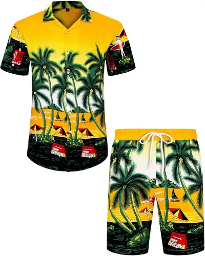 Men Leisure Holiday Floral Flamingo Print Plus Size Short Sleeve Lapel Shirt Shorts Sets