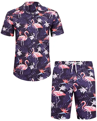 Men Leisure Holiday Floral Flamingo Print Plus Size Short Sleeve Lapel Shirt Shorts Sets